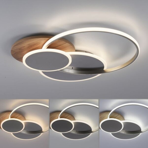 Lampe de plafonnier LED stylé anneaux en bois 6000 lm dimmable