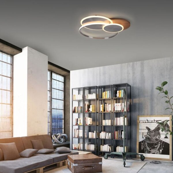 Lampe de plafonnier LED stylé anneaux en bois 6000 lm dimmable