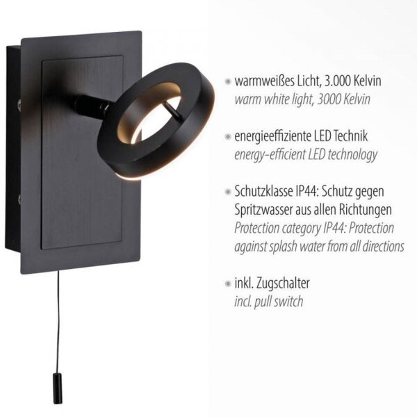 Spot mural à LED avec interrupteur à tirette IP44 réglable 6 W