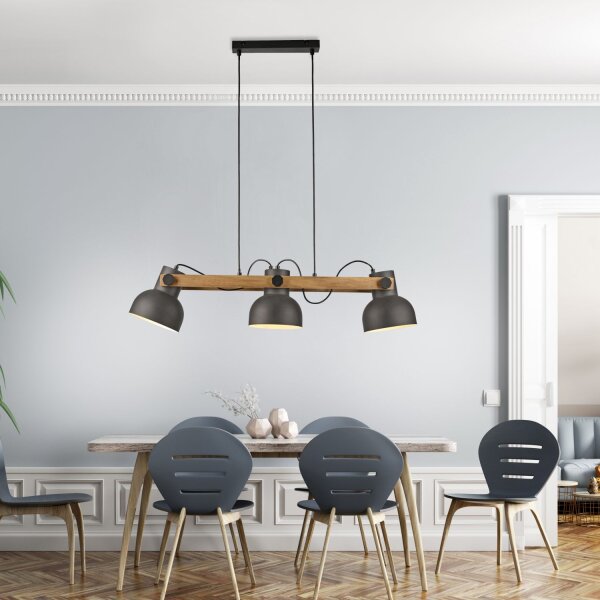 Suspension bois métal E27 96 cm 3-flamme flexible
