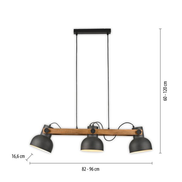 Suspension bois métal E27 96 cm 3-flamme flexible