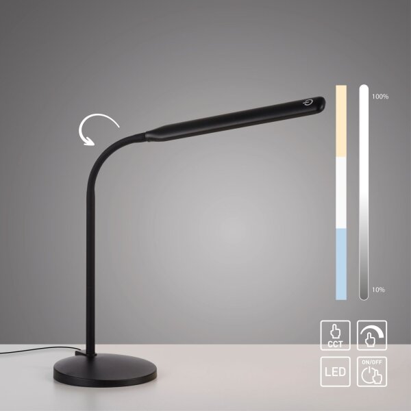 Lampe de bureau LED noire Touch 64 cm 6 W flexible