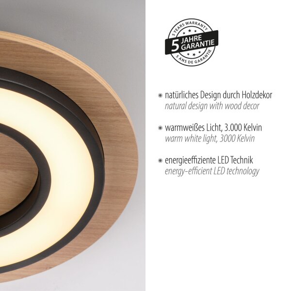 Lampe de plafonnier LED bois métal 3000 K confortable à faible éblouissement