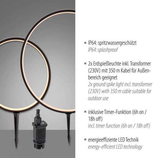 Lampe dallée LED avec piquet de terre Lot de 2 66 cm IP65 Noir