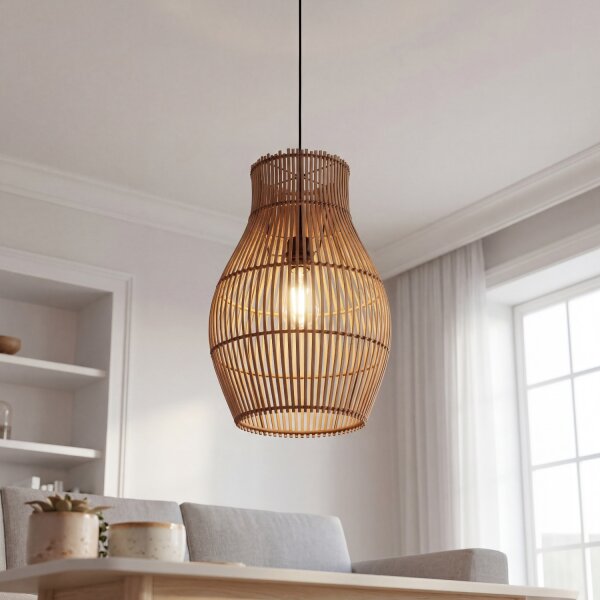 Lampe à suspendre Bambou Naturel Noir rond Ø30 cm E27 Moderne
