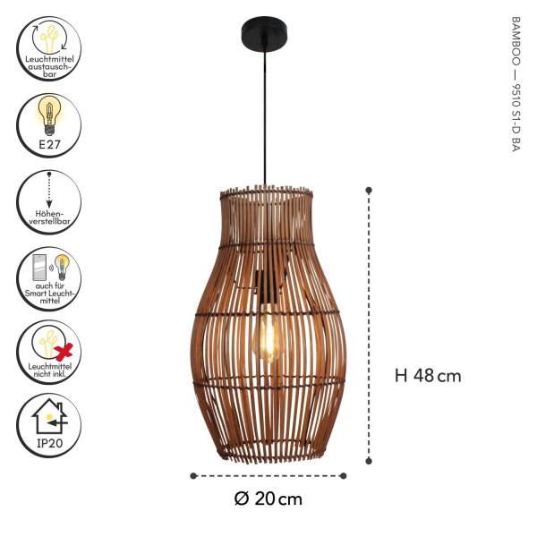 Lampe à suspendre Bambou Naturel Noir rond Ø30 cm E27 Moderne