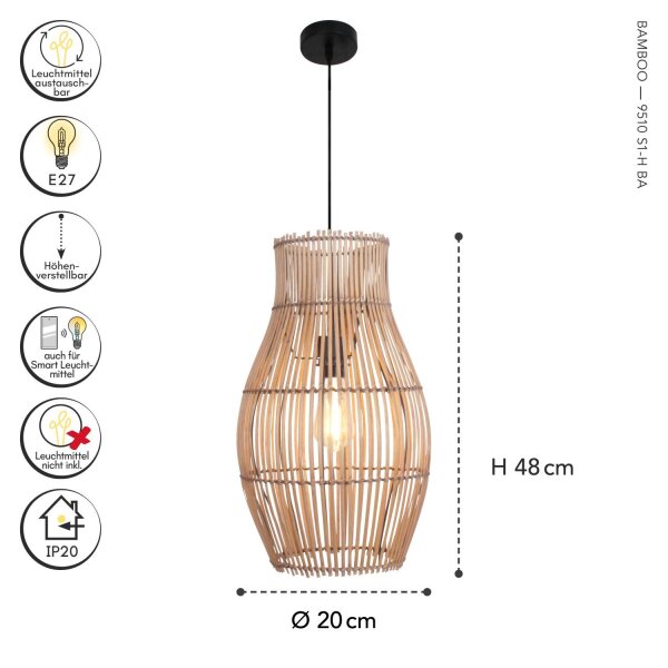 Suspension moderne en bambou naturel noir Ø30 cm E27