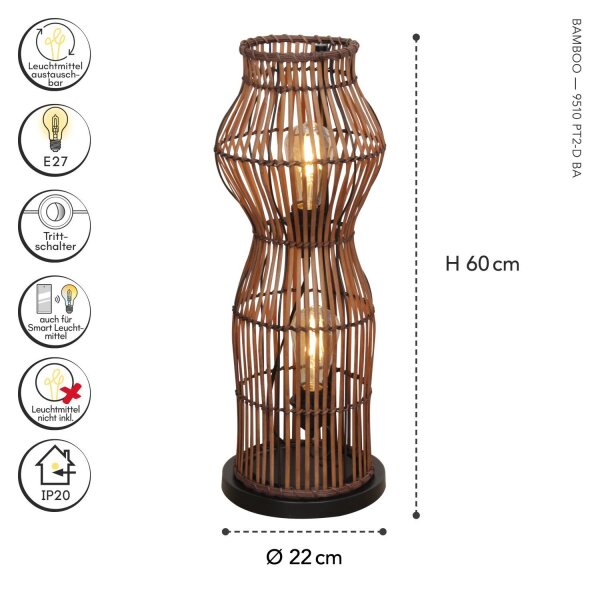 Lampadaire moderne en bambou naturel noir E27 60 cm petit