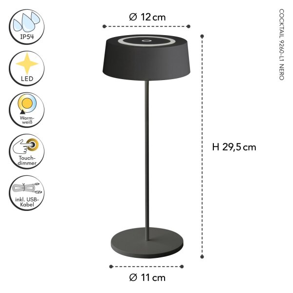 Lampe de table LED rechargeable Noir Touch Dimmer USB IP54 2 W