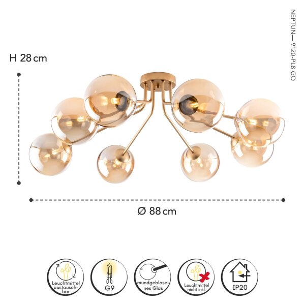 Lampe de plafonnier verre métal laiton champagne L:88 cm G9
