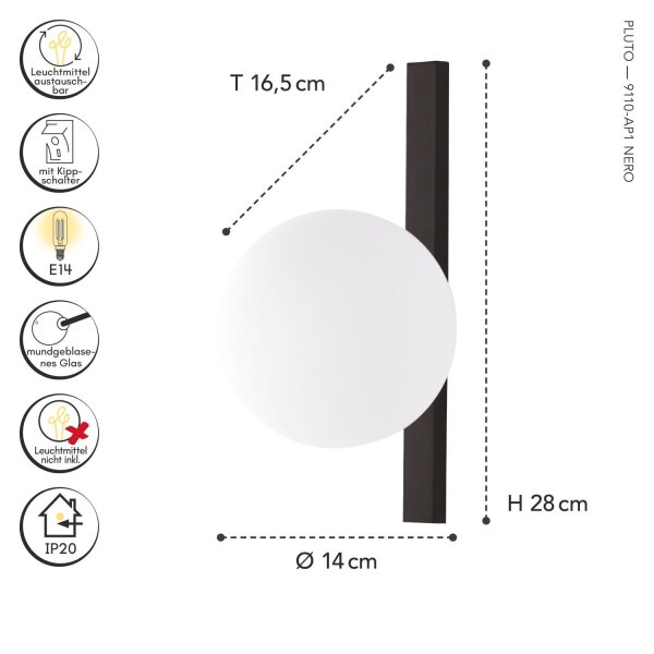 Applique Noir Blanc Boule de verre E14 L:14 cm faible éblouissement