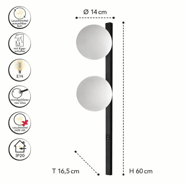 Applique Noir Blanc Boule de verre E14 H:60 cm 2 flammes