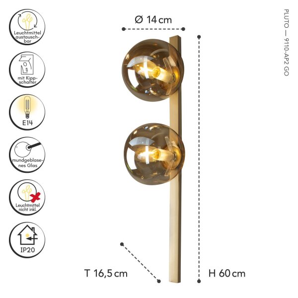 Lampe murale or ambre Boule de verre E14 H:60 cm 2-flmg