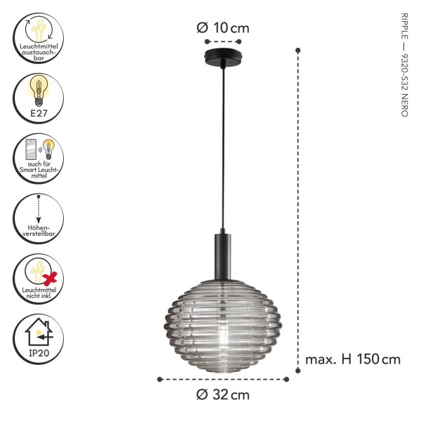 Suspension élégante en verre fumé Ø32 cm E27 décoratif
