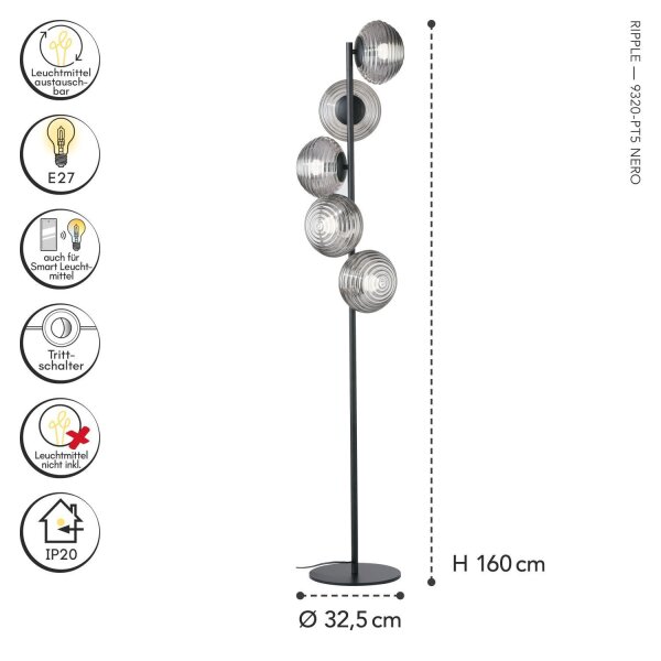 Lampadaire décoratif verre fumé 5 flammes E27 160 cm