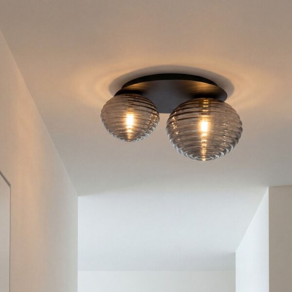 Plafonnier élégant verre fumé 2flmg E27 décoratif