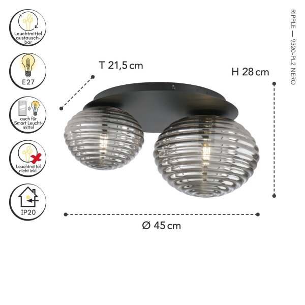 Plafonnier élégant verre fumé 2flmg E27 décoratif