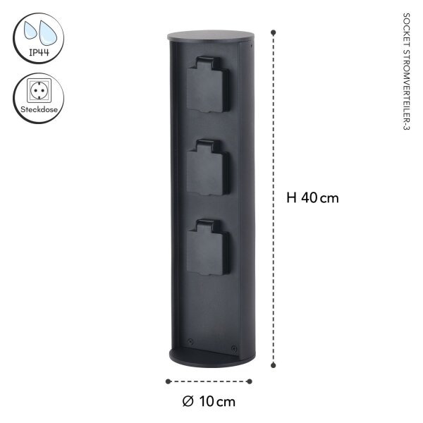 Colonne de prises trois prises aluminium IP44 40 cm