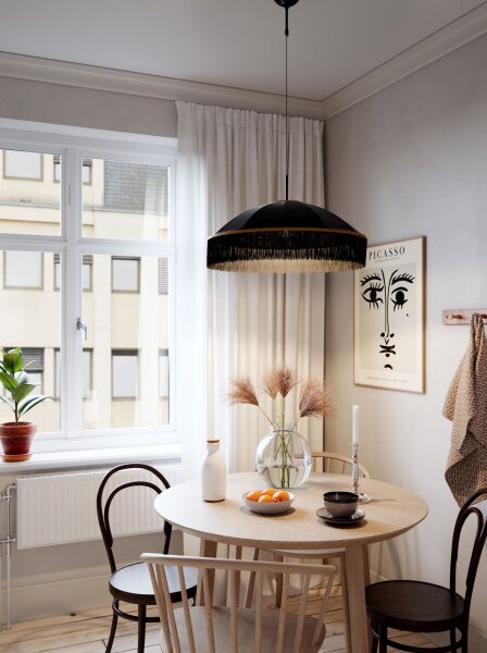 Lampe à suspendre Abat-jour tissu franges D : 60 cm Noir Or E27