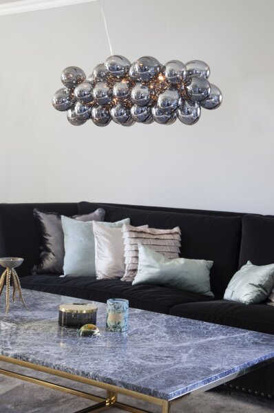 Suspension métal verre fumé L : 80 cm H : max. 120 cm 8x G9