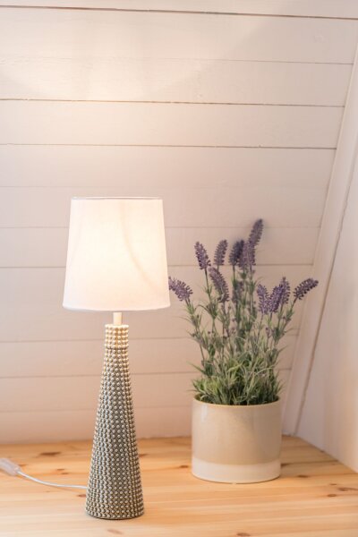 Lampe de chevet tissu métal E27 56,5 cm en argent blanc