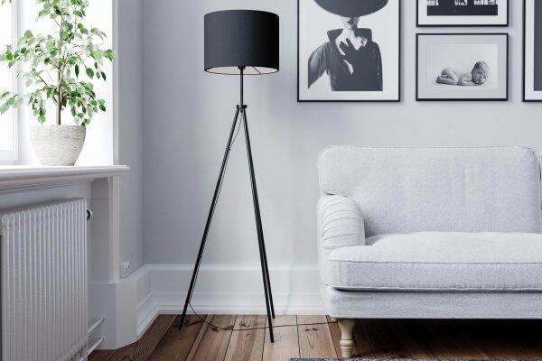 Lampadaire métal tissu 145 cm de haut trépied noir E27