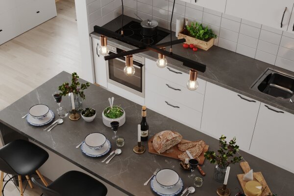 Suspension métal E27 4 flammes largeur 90 cm noir laiton
