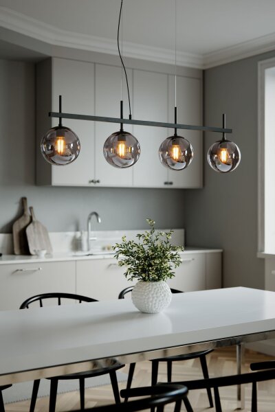 Suspension Noir Gris L : 117 cm Métal Verre fumé 4x E27