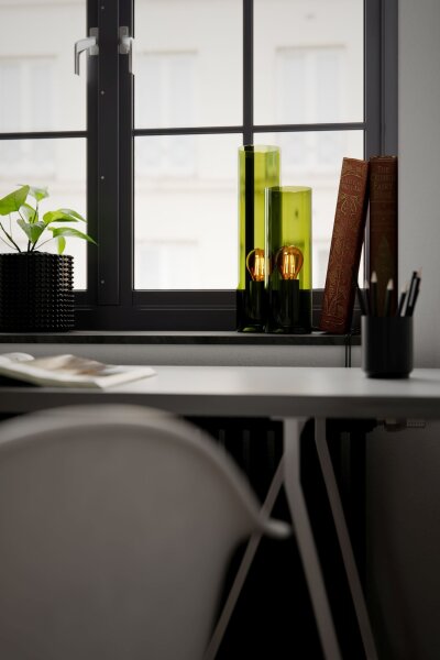 Lampe de table verre métal 30 cm de haut vert E27 cylindre