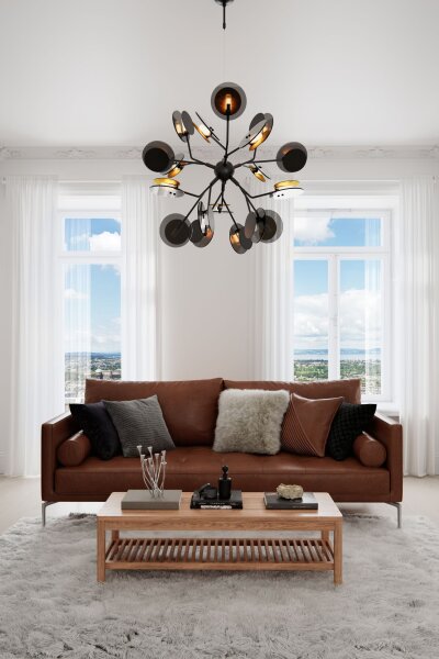 Suspension métal verre largeur 80 cm noir or 8x G9