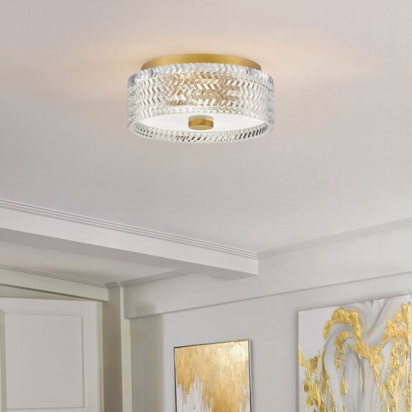 Lampe de plafonnier E27 cristal rond D : 30,5 cm en laiton antique