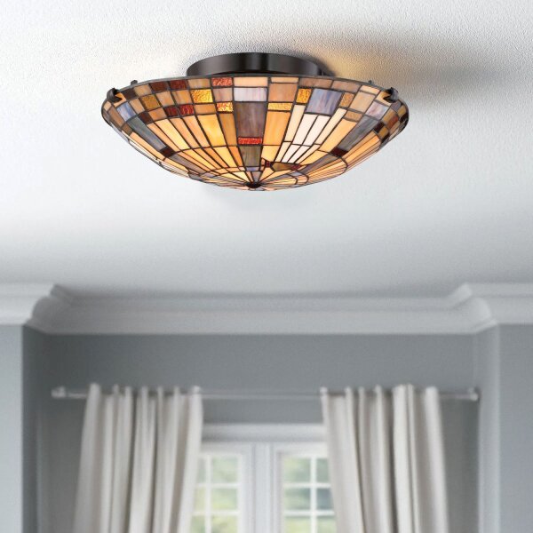 Lampe de plafonnier style Tiffany ronde Ø 40,7 cm métal verre 2x E27
