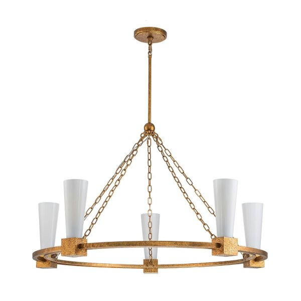Lustre rond D : 106 cm E27 métal verre en or antique blanc