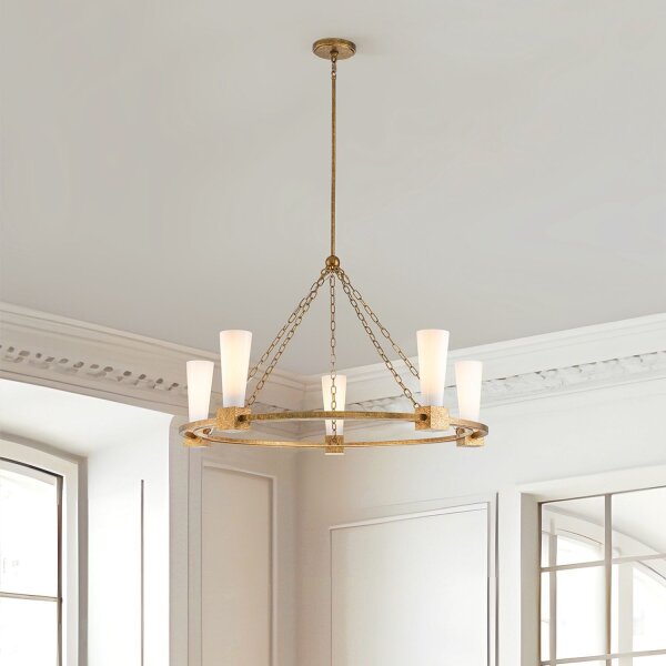 Lustre rond D : 106 cm E27 métal verre en or antique blanc