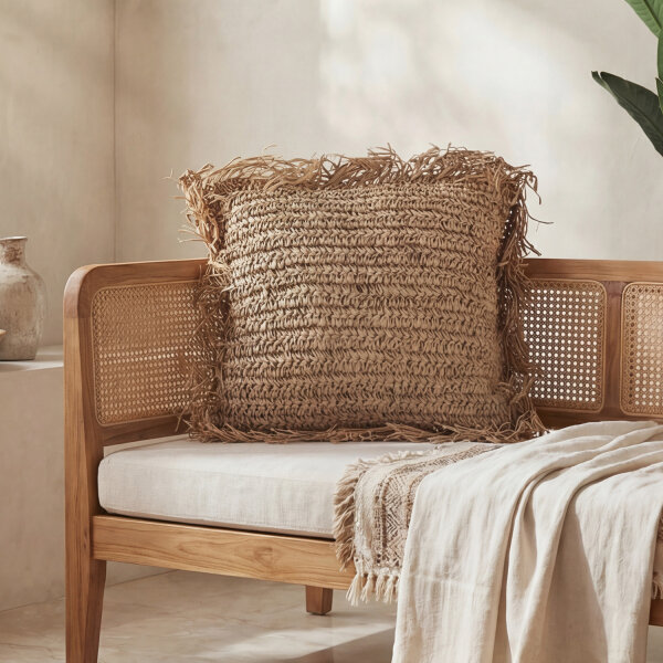 Coussin décoratif avec franges dalgues marines L : 40 cm pièce unique travail manuel