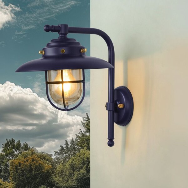 Außenwandleuchte Messing massiv Glas E27 IP43 Blau