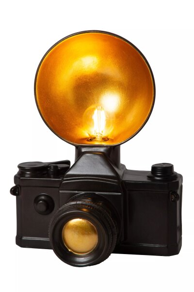 Kleine Tischlampe Vintage Schwarz Gold 30 cm E14 Kamera