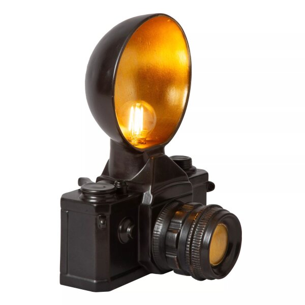 Kleine Tischlampe Vintage Schwarz Gold 30 cm E14 Kamera