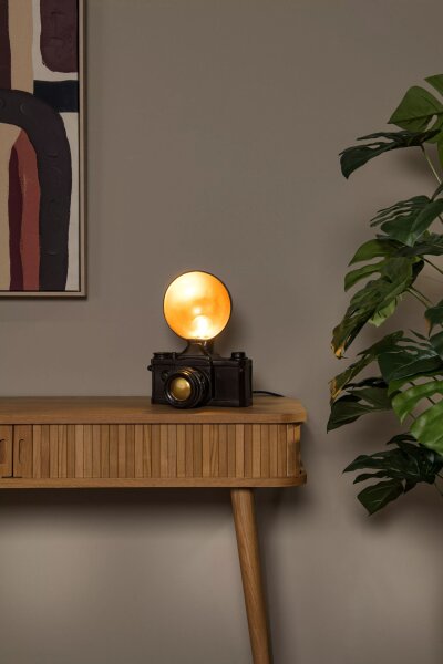 Kleine Tischlampe Vintage Schwarz Gold 30 cm E14 Kamera