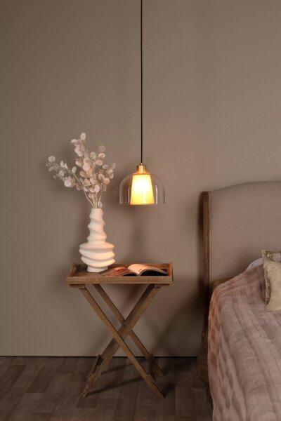 Pendelleuchte Glas Stoff Beige Ø24 cm E27 Doppelschirm