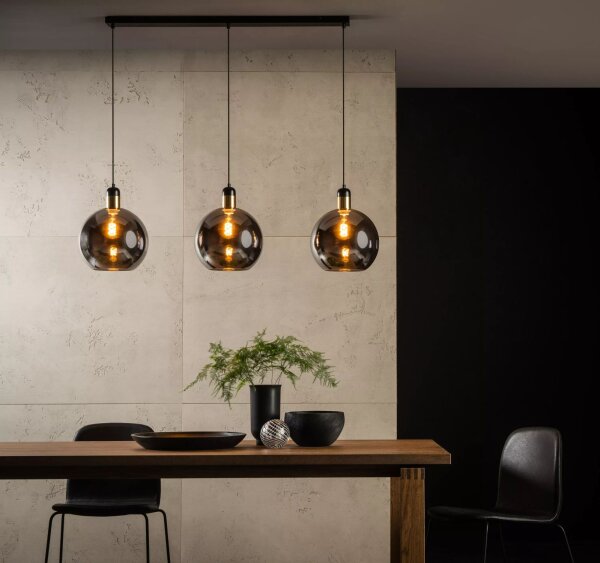 Pendelleuchte Rauchglas Metall Schwarz E27 L:105 3-flmg