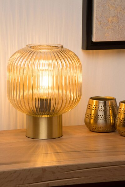 Tischlampe Glasschirm Metall Bernstein Gold E27 24,5 cm