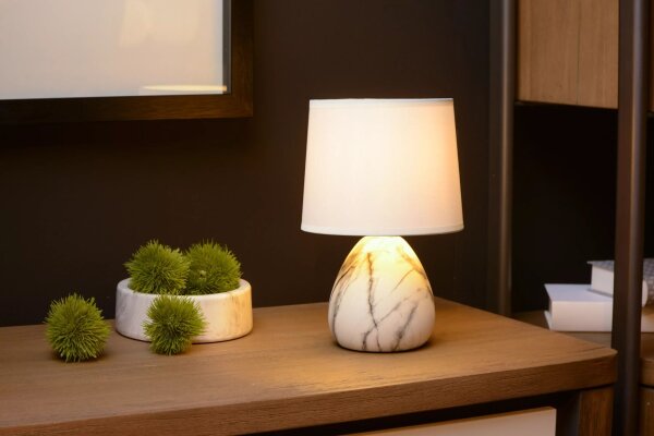 Tischlampe Stoff Keramik Marmor Optik Weiß E14 25,5 cm