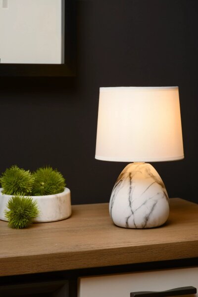 Tischlampe Stoff Keramik Marmor Optik Weiß E14 25,5 cm