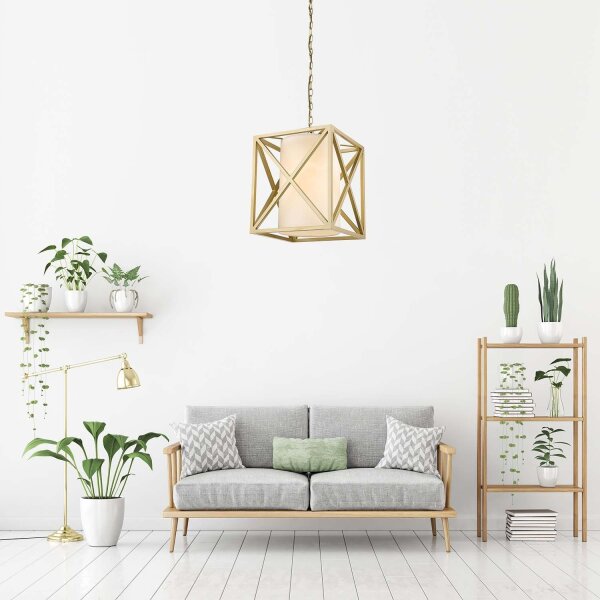 Hängelampe Metall Stoff B: 35 cm in Gold Weiß eckig E27