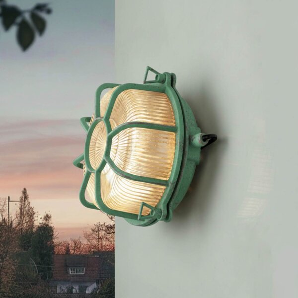 Kellerleuchte Glas Messing E27 IP64 Ø 22 cm Grün antik