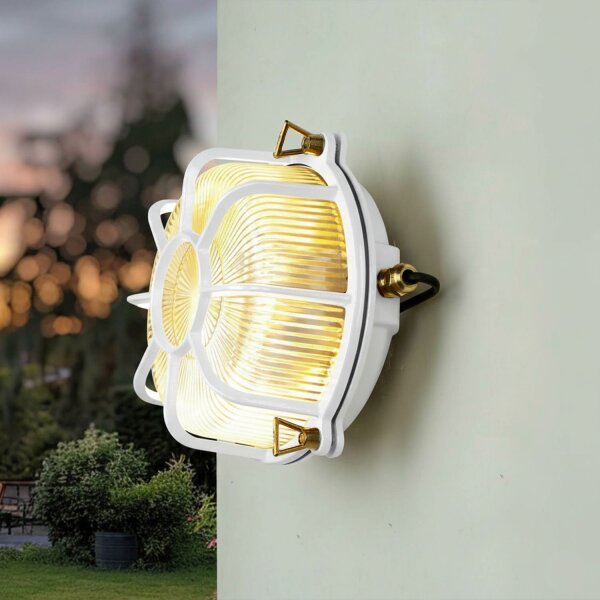 Außenlampe Wand Echt-Messing Glas E27 IP64 Weiß rund