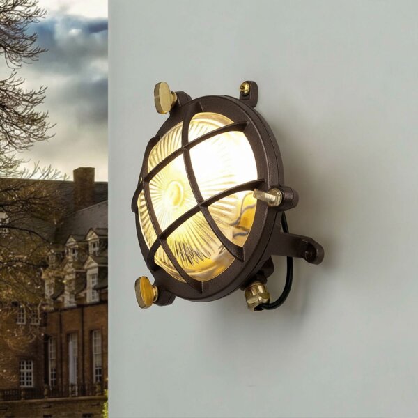 Wandlampe außen Echt-Messing Glas G9 IP44 Ø 14 cm rund