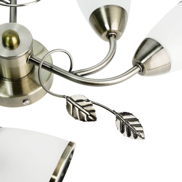 Florale Deckenlampe mit Glasschirm Weiß Bronze antik