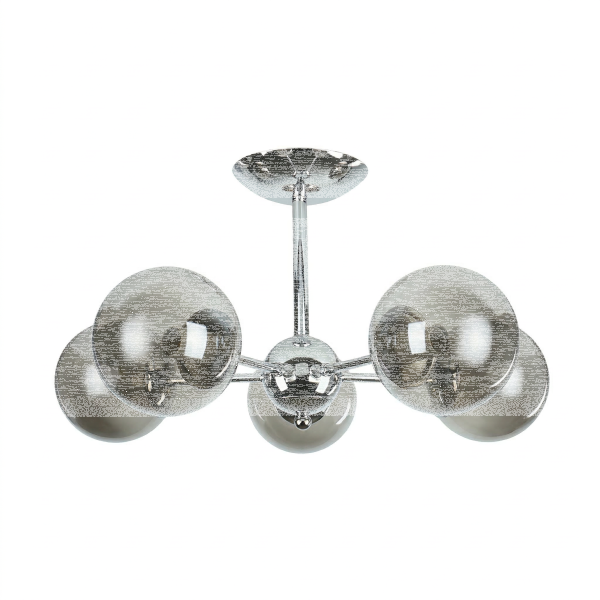 Deckenleuchte Chrom B: 60 cm Metall Rauchglas 5x E27 Kugel